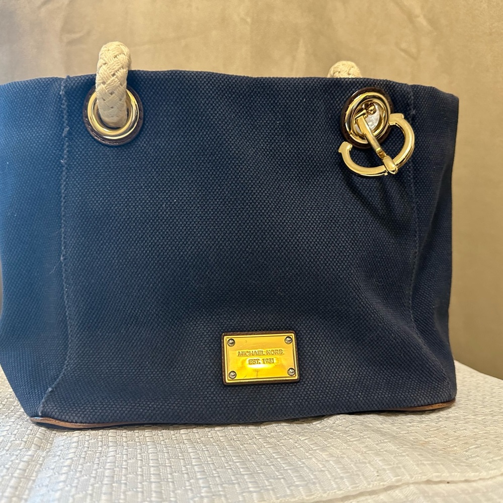 Michael Kors Marina Nautical Sailor Canvas Tote Bag Navy Blue Rope Anchor
